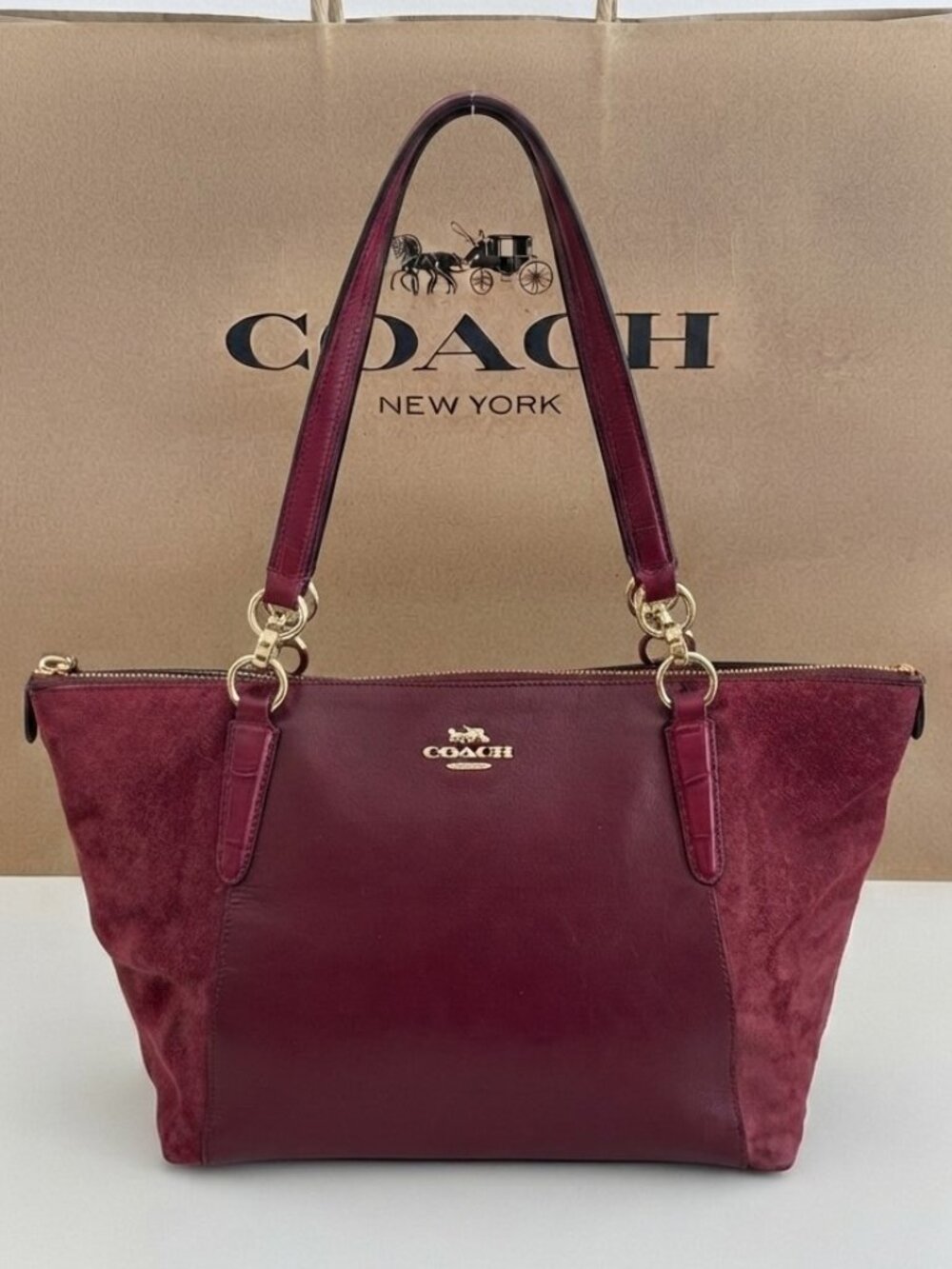 Coach Ava Tote Oxblood Burgundy Leather and Suede F54579